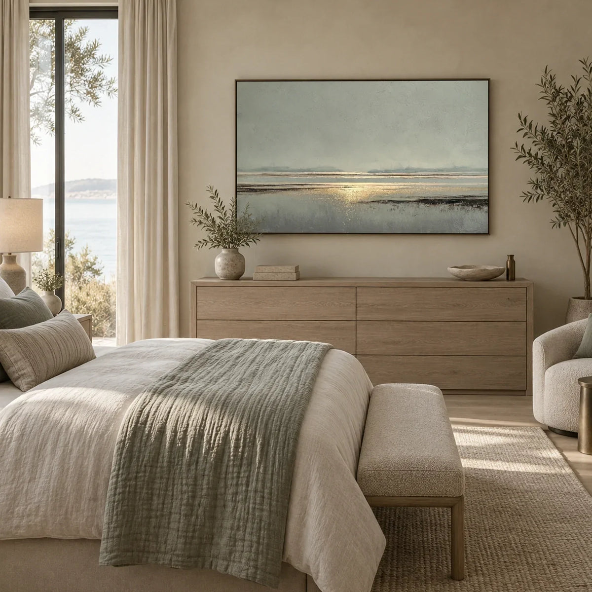Hand-Painted Abstract Ocean And Sky Canvas Art #OC228