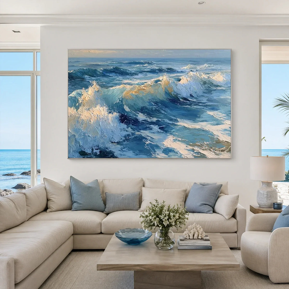 Hand-Painted Abstract Ocean And Sky Canvas Art #OC232
