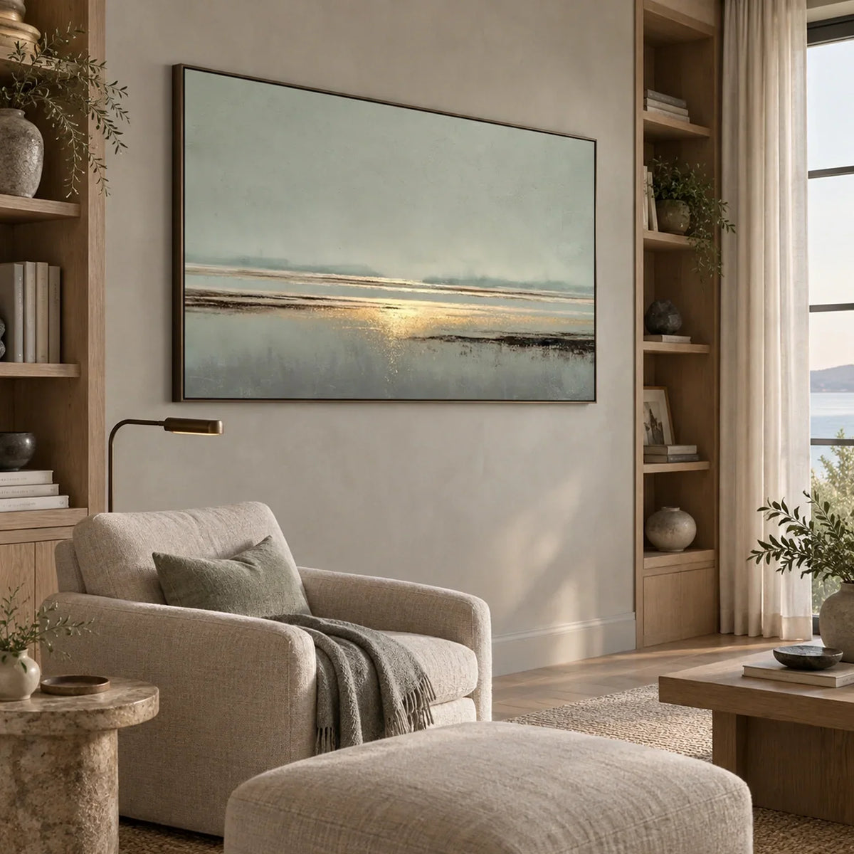 Hand-Painted Abstract Ocean And Sky Canvas Art #OC228