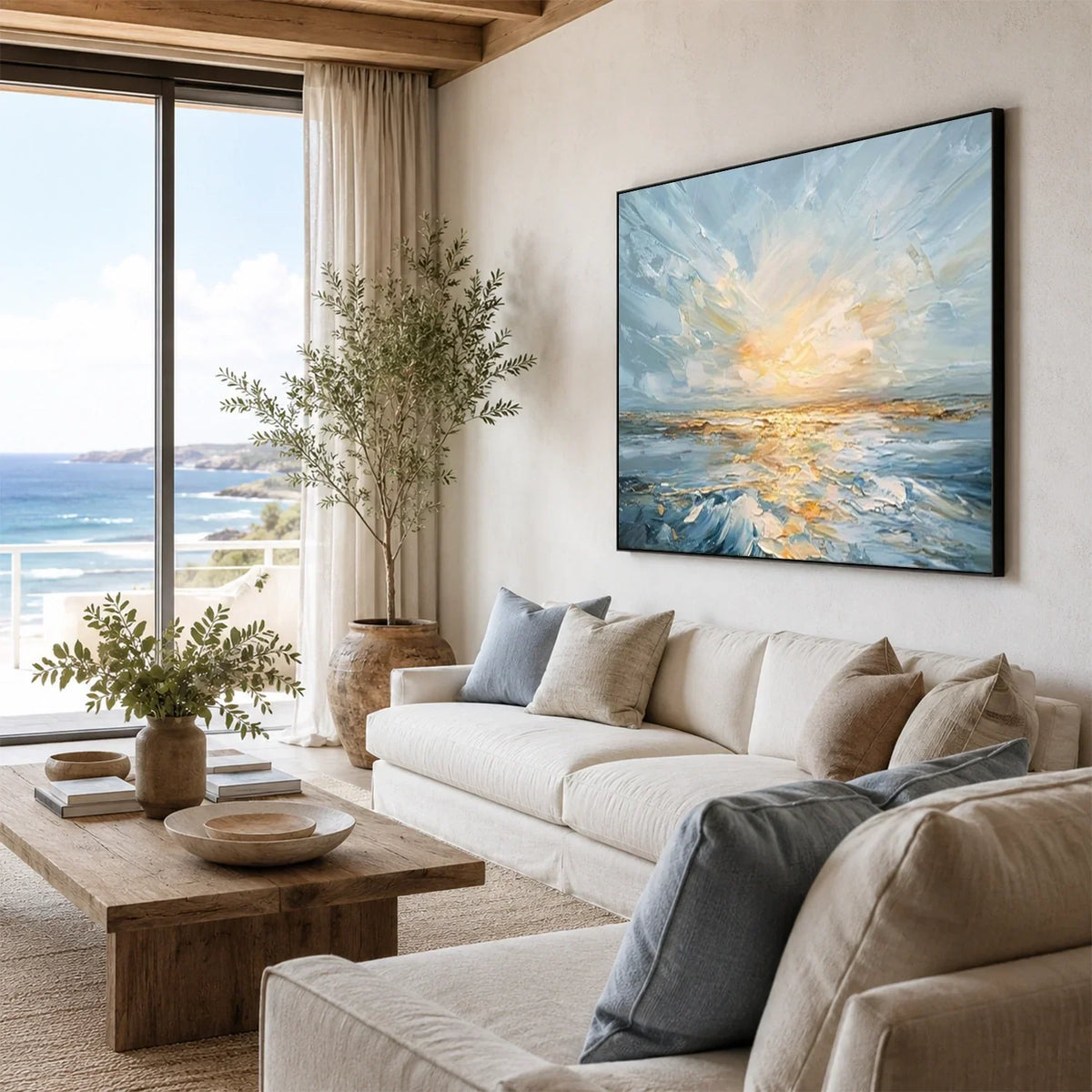 Hand-Painted Abstract Ocean And Sky Texture Canvas Art #OC235