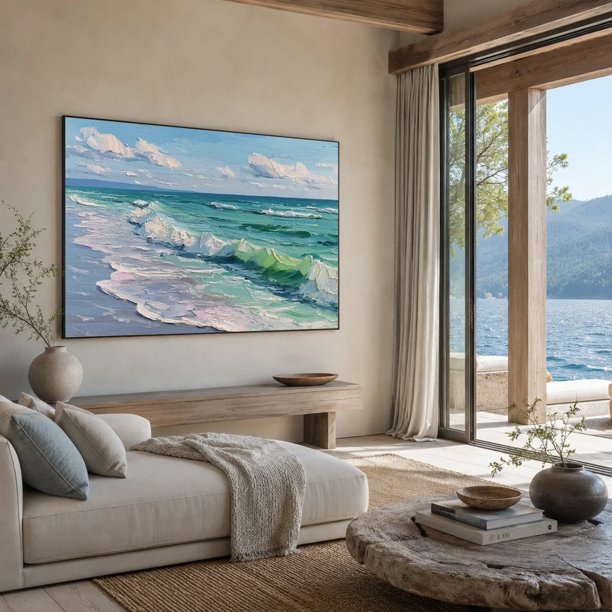 Hand-Painted Abstract Ocean And Sky Canvas Art #OC233