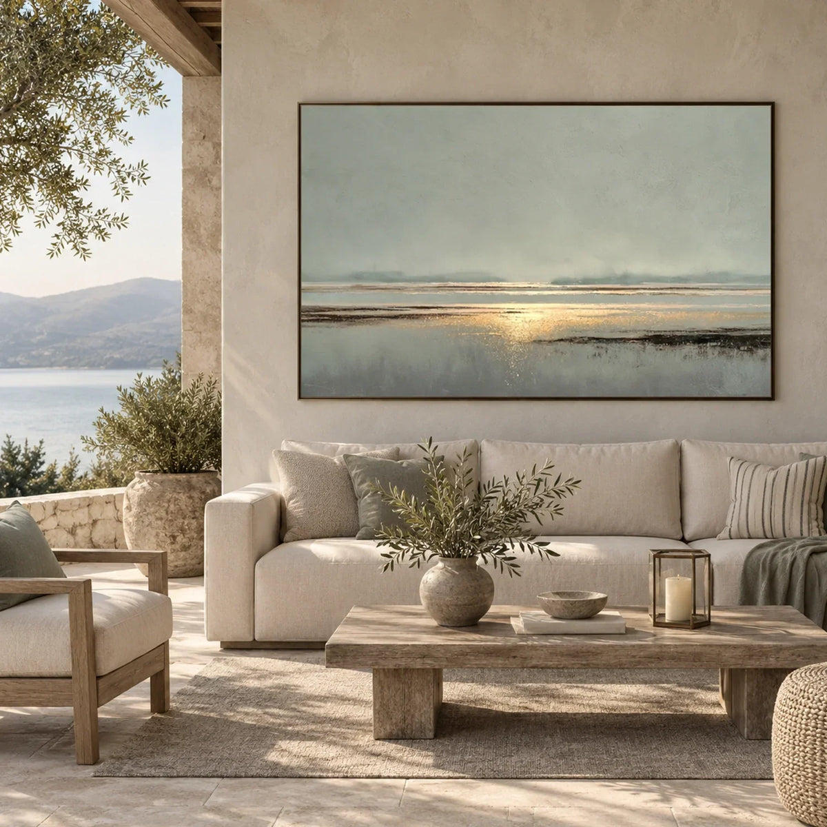 Hand-Painted Abstract Ocean And Sky Canvas Art #OC228