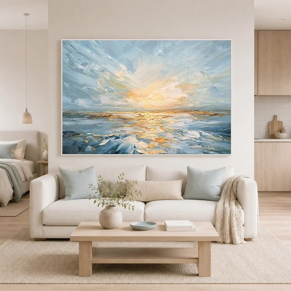 Hand-Painted Abstract Ocean And Sky Texture Canvas Art #OC235