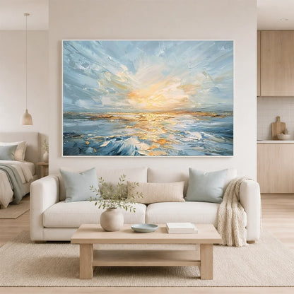 Hand-Painted Abstract Ocean And Sky Texture Canvas Art #OC235