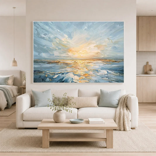 Hand-Painted Abstract Ocean And Sky Texture Canvas Art #OC235