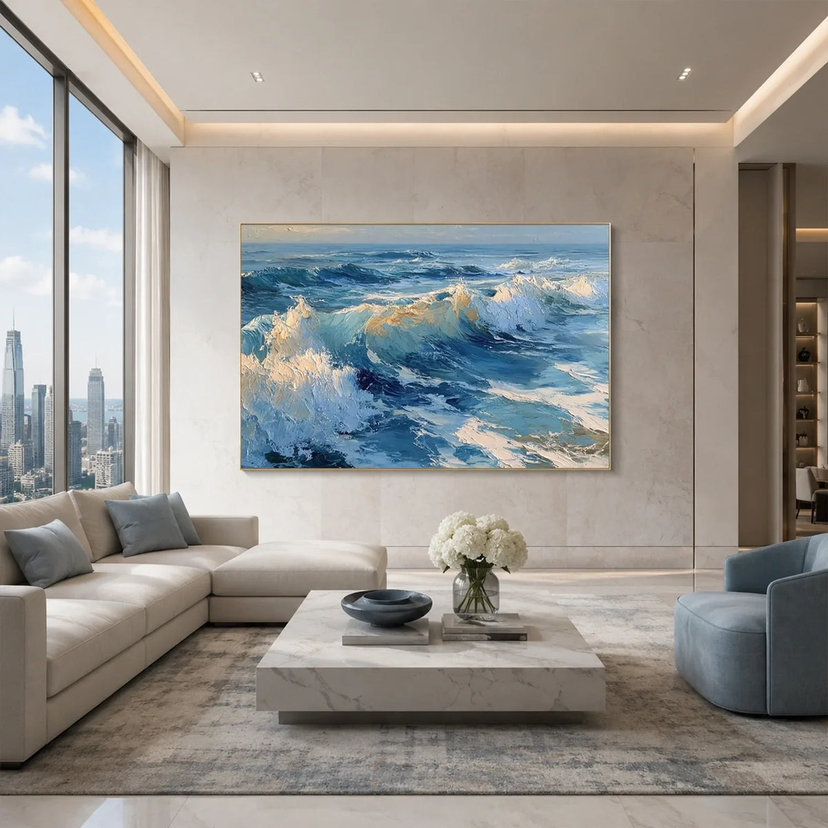 Hand-Painted Abstract Ocean And Sky Canvas Art #OC232