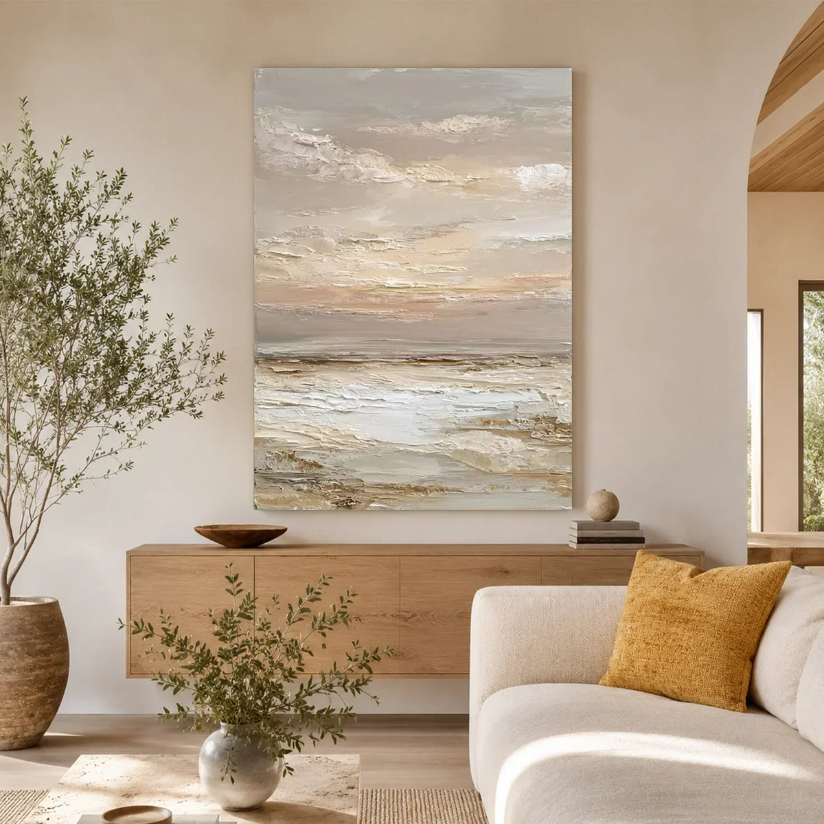 Hand-Painted Abstract Ocean And Sky Textured Canvas Art #OC229