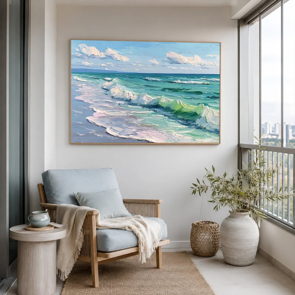 Hand-Painted Abstract Ocean And Sky Canvas Art #OC233