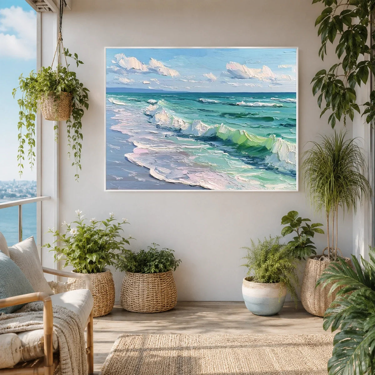 Hand-Painted Abstract Ocean And Sky Canvas Art #OC233