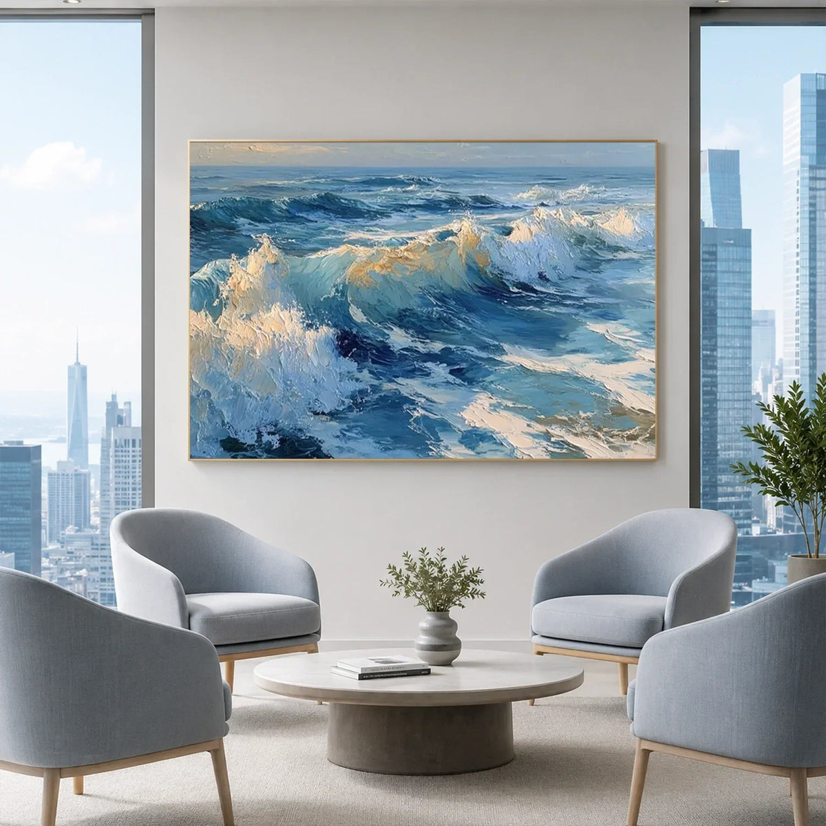Hand-Painted Abstract Ocean And Sky Canvas Art #OC232