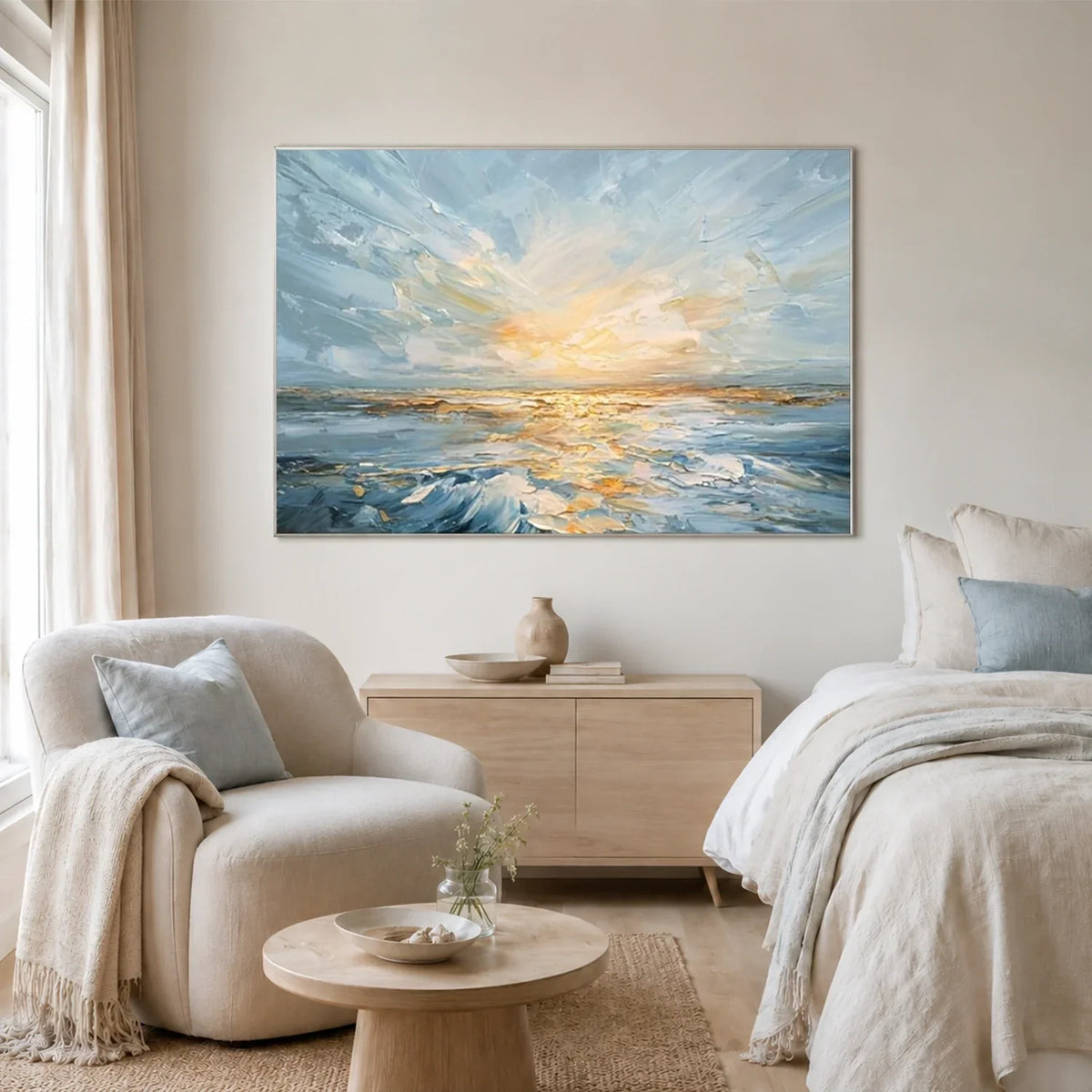 Hand-Painted Abstract Ocean And Sky Texture Canvas Art #OC235