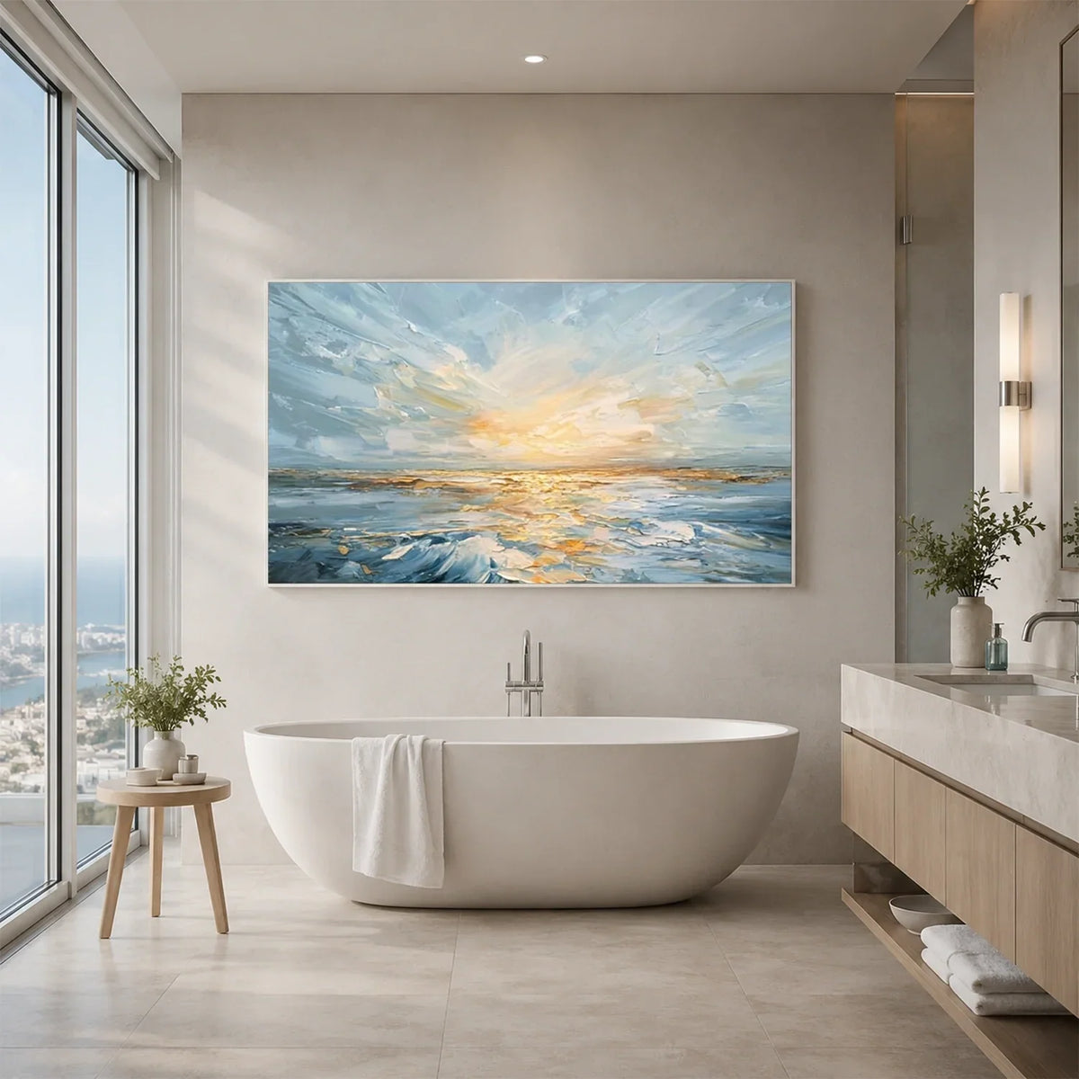 Hand-Painted Abstract Ocean And Sky Texture Canvas Art #OC235