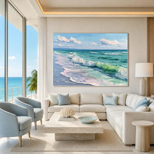 Hand-Painted Abstract Ocean And Sky Canvas Art #OC233